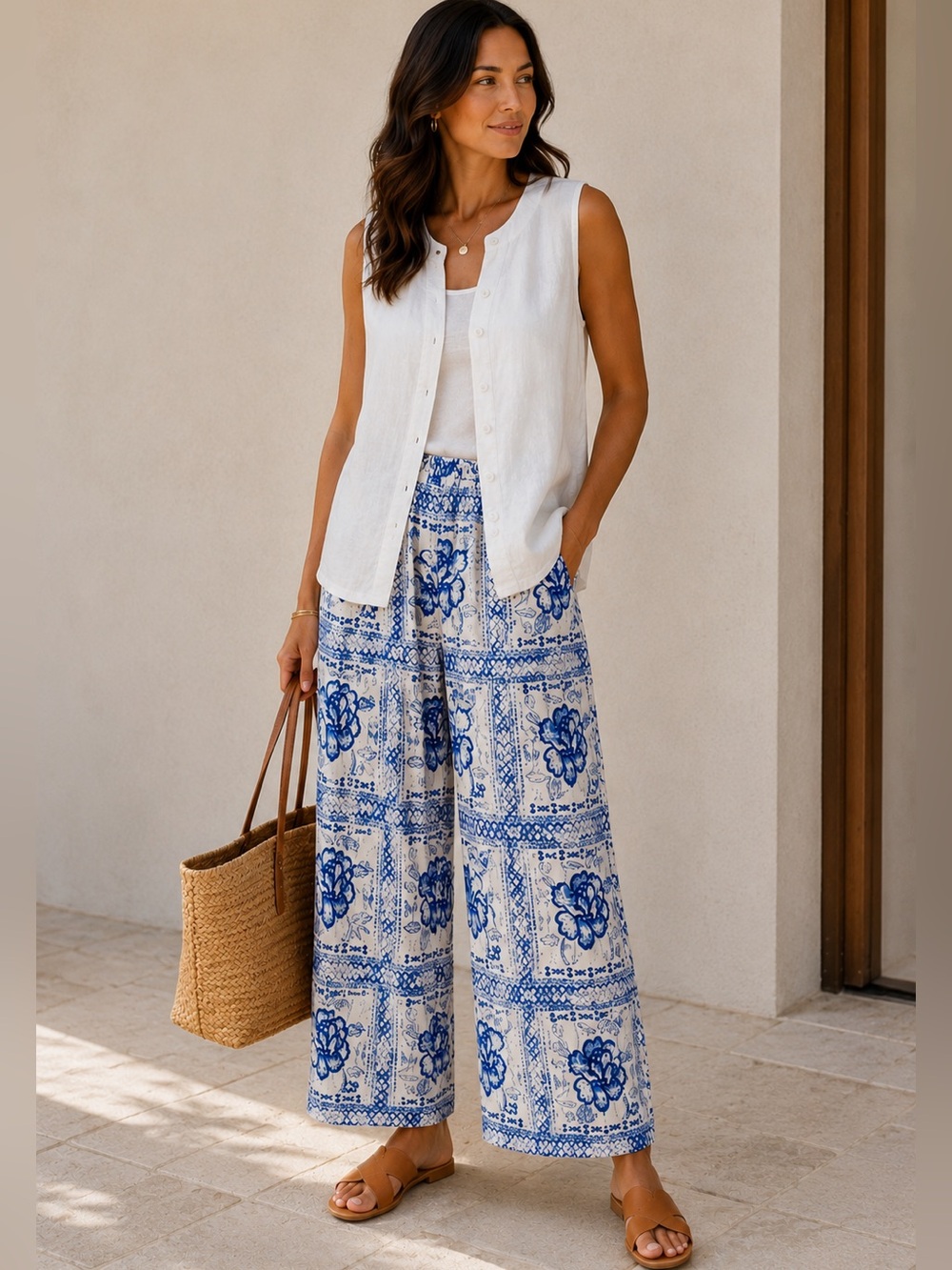 H by Halston 100% Linen Floral Wide Leg Pants Blue White M